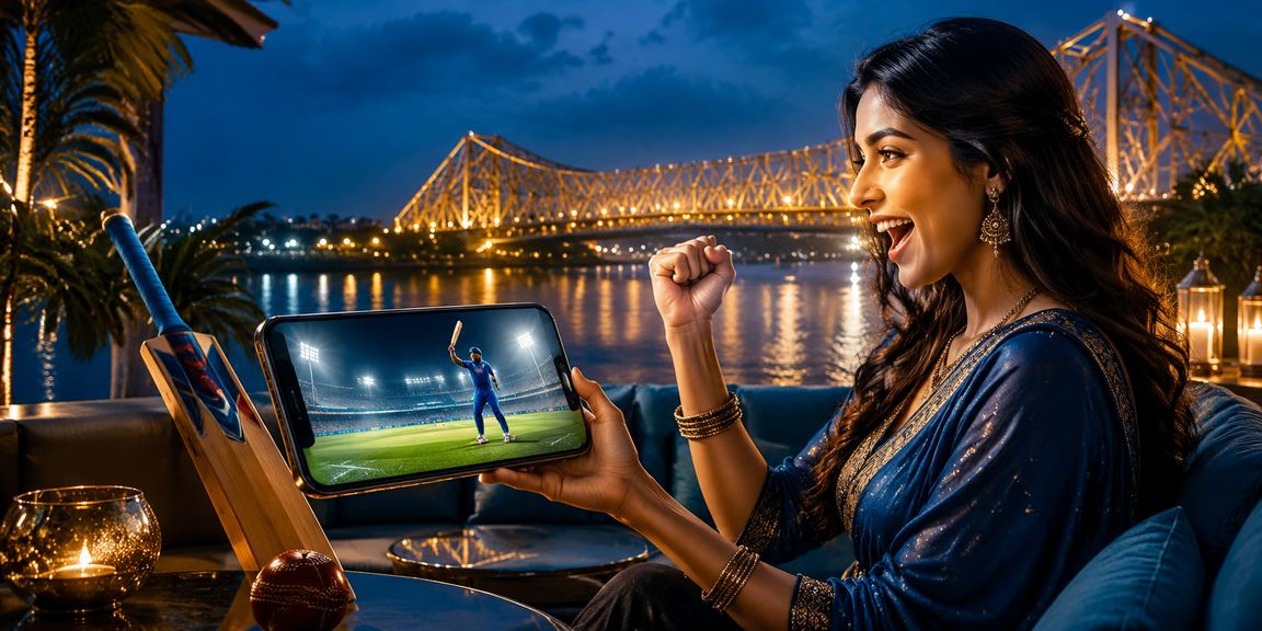 Howrah Bridge Kolkata cityscape with cricket betting lights
